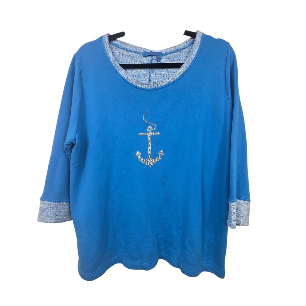 Fresh Produce Anchor Sweatshirt Womens M Blue 3/4 Sleeve Studded Nautical Top